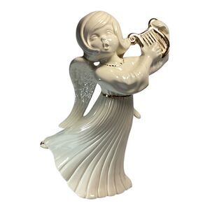 Vintage Angel With Harp Figurine White And Gold 12in 1970s